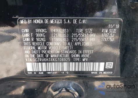 2019 Honda Hr-V Lx z USA, uszkodzony, nr VIN 3CZRU6H3XKG708925